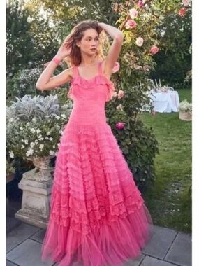 LoveShackFancy Pink Ruffled Tulle Maxi Dress